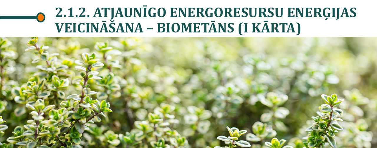 Attēls ar uzrakstu: "2.1.2. Atjaunīgo energoresursu enerģijas veicināšana – biometāns (I kārta)"