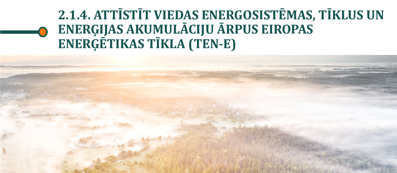 Attēls ar mežu tālumā, uzraksts virs attēla: 2.1.4. Attīstīt viedas energosistēmas, tīklus un enerģijas akumulāciju ārpus Eiropas enerģētikas tīkla (TEN-E)
